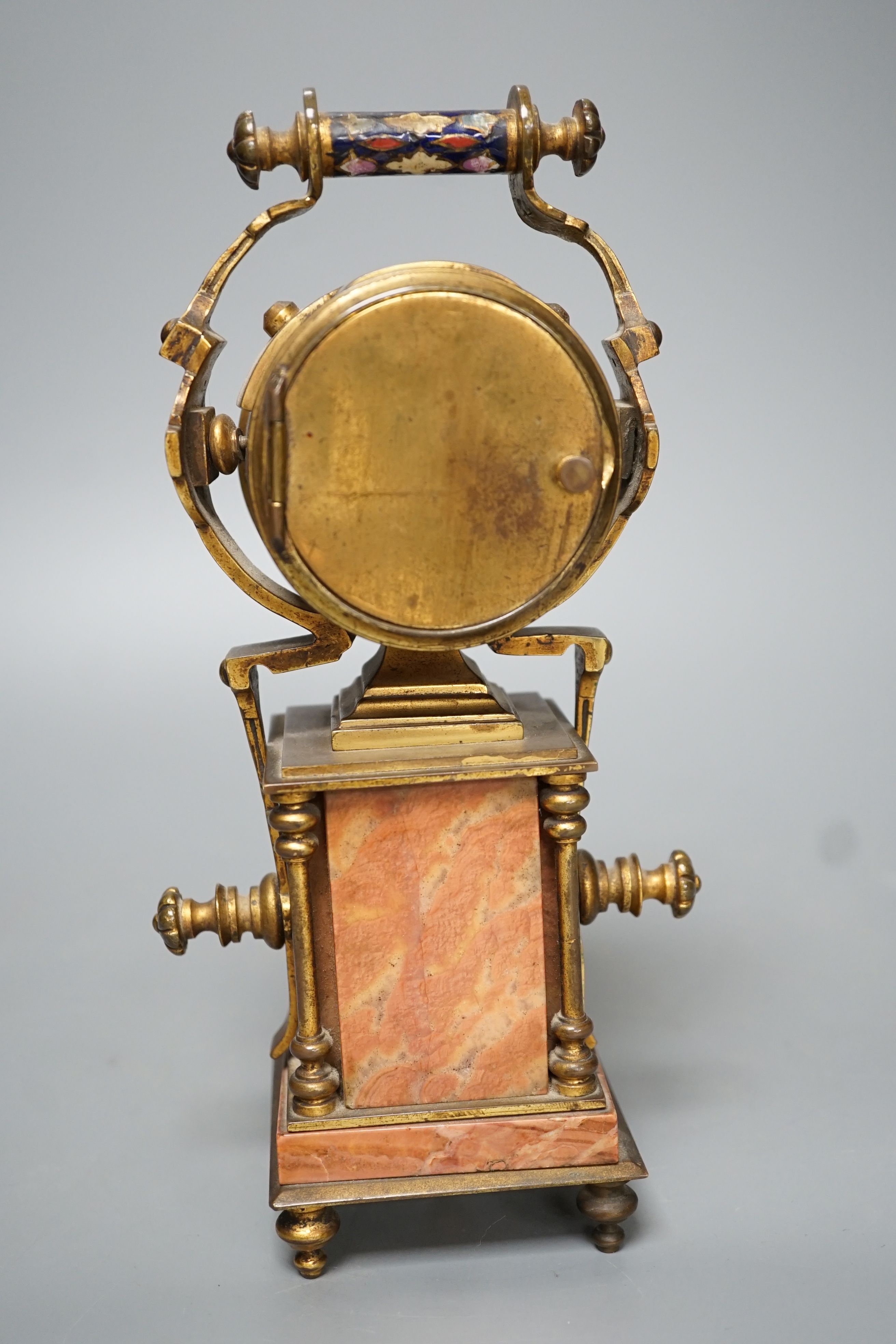 A French champleve enamel ormolu and marble mantle timepiece - 23cm high